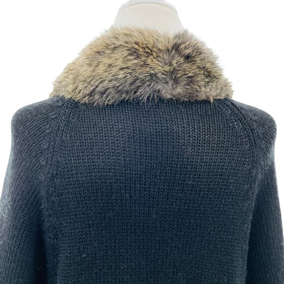 Alberto Makali Black Loose Knit Designer Faux Fur Trim Caplet Sweater Cardigan L - Picture 7 of 13